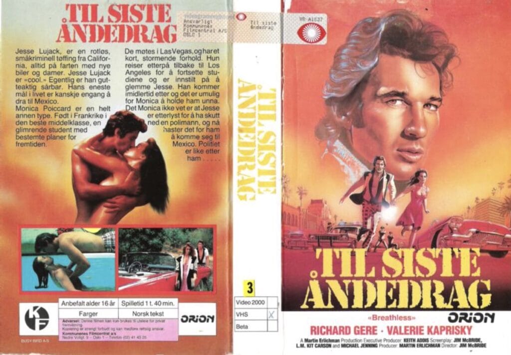 Det norske VHS coveret av Breathless frå 1983.