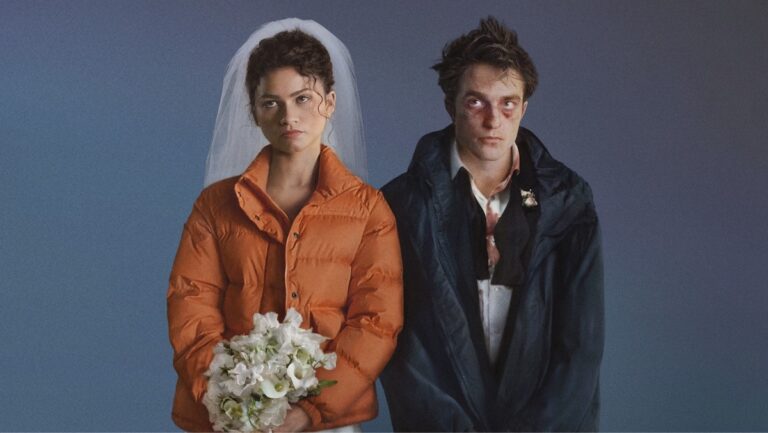 Ein poster av The Drama som viser Zendaya og Robert Pattinson.