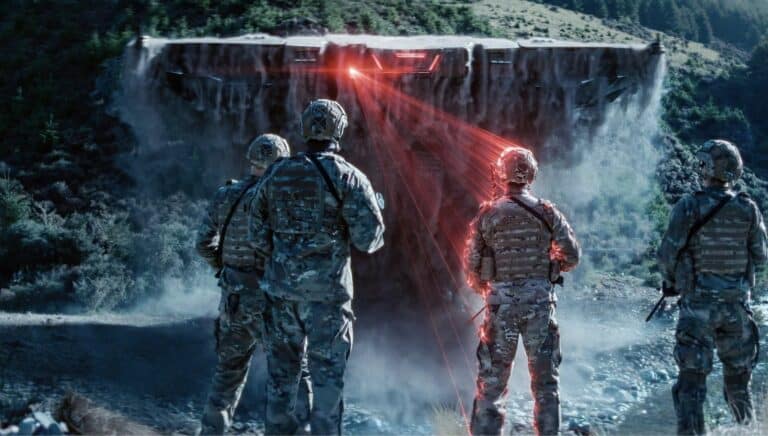 Soldatar som blir drept av romskip i filmen War Machine