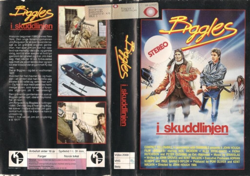 Norsk VHS-cover av actioneventyret Biggles frå 1986.