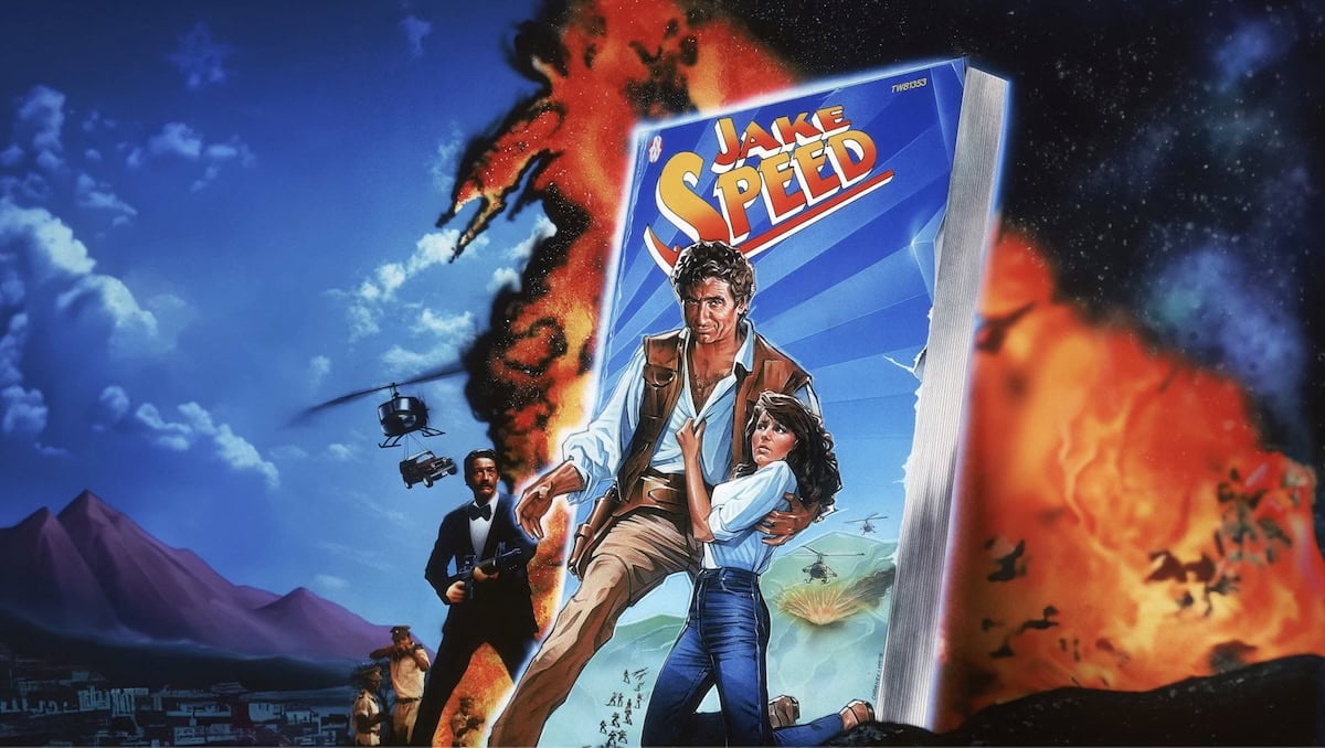 Ein poster av 80-talls actioneventyr filmen Jake Speed frå 1986