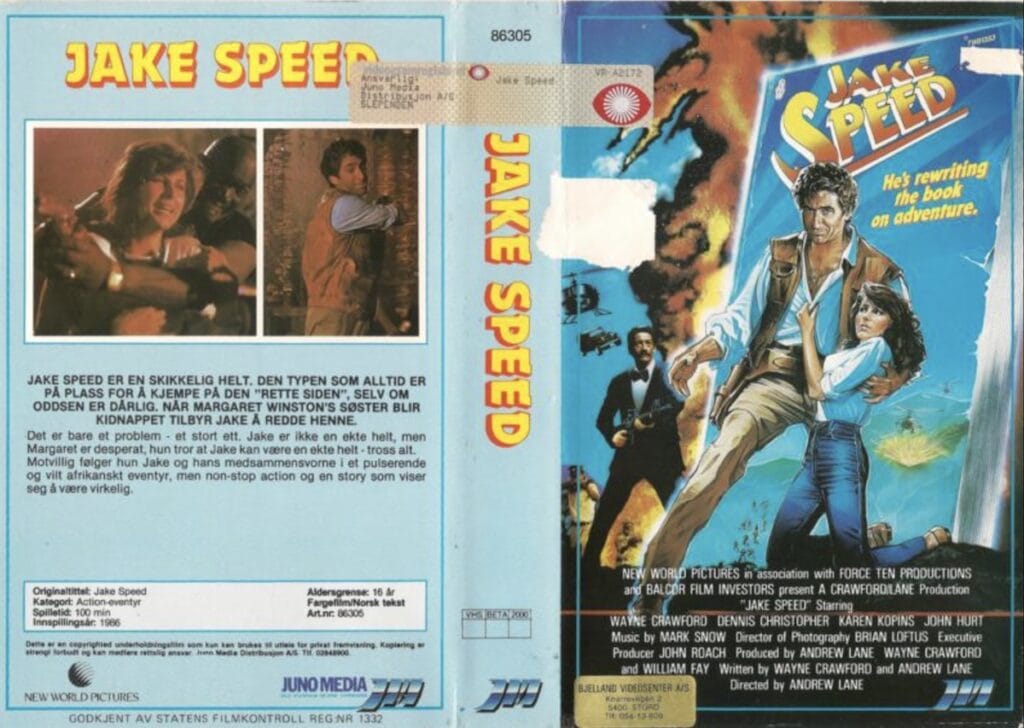 Norsk VHS-cover av actioneventyret Jake Speed frå 1986.