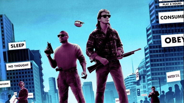 Ein ny poster av They Live (1988) med Roddy Piper og Keith David med sine kule solbriller